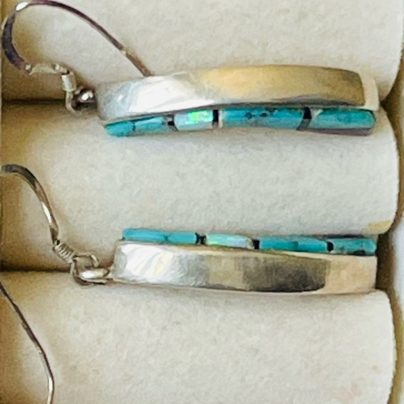 VTG Native American Earrings St Silver 925 Turquoise Opal Inlay Signed Marked - Picture 6 of 8